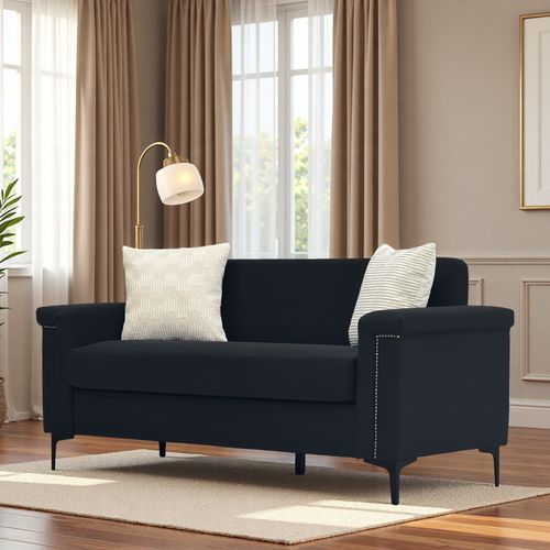 Canapé 2 Places 172x72x82 Cm En Lin Noir, Design Scandinave Épuré, Pieds Métal Noirs 15 Cm