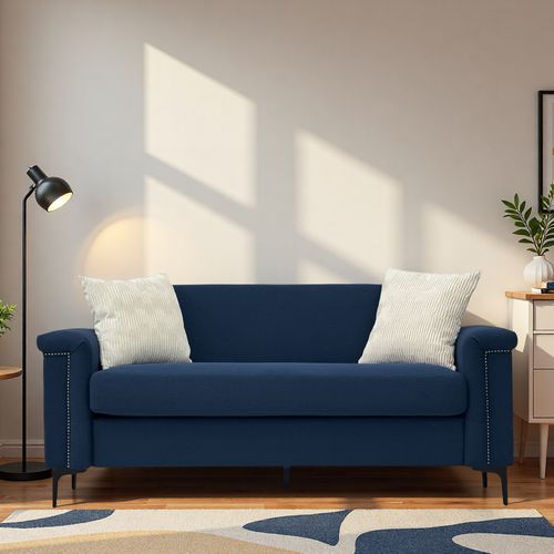 Canapé 2 Places 172 Cm En Tissu Lin 100 % Polyester Bleu, Pieds Métal 15 Cm Et Détails Cloutés