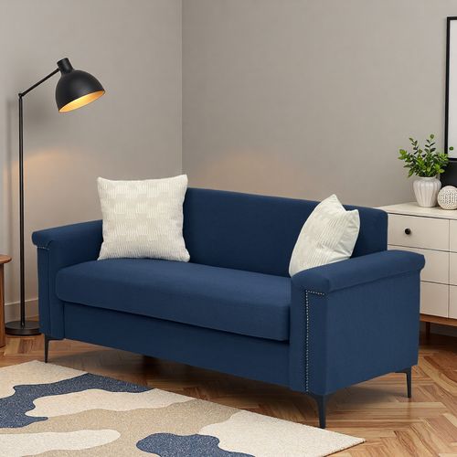 Canapé 2 Places 172 Cm En Tissu Lin 100 % Polyester Bleu, Pieds Métal 15 Cm Et Détails Cloutés