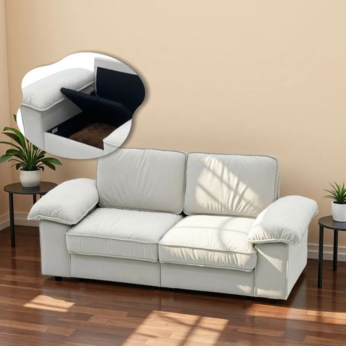 Canapé Coffre En Velours Écru, Coffre Sous Assise, Coussins Amovibles Et Accoudoirs Larges 23 Cm