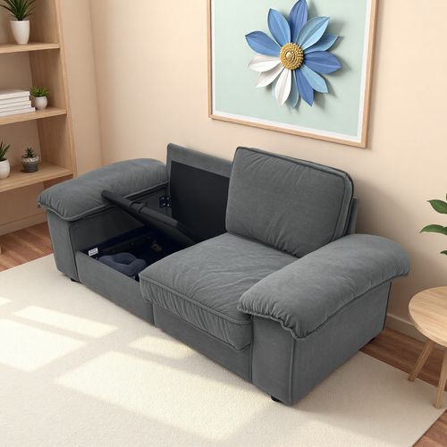 Canapé Moderne Gris 2 Places, Assise 136 Cm, Profondeur 61 Cm, Coffre De Rangement Intégré