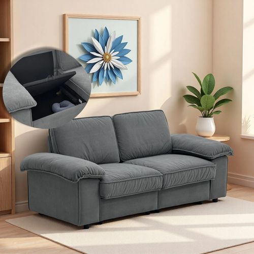 Canapé Moderne Gris 2 Places, Assise 136 Cm, Profondeur 61 Cm, Coffre De Rangement Intégré
