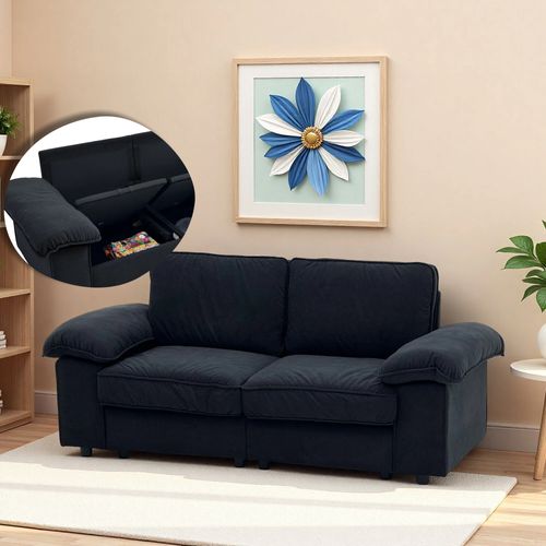 Canapé Adulte 2 Places — Assise 136x61 Cm En Velours Noir, Coffre De Rangement Et Accoudoirs