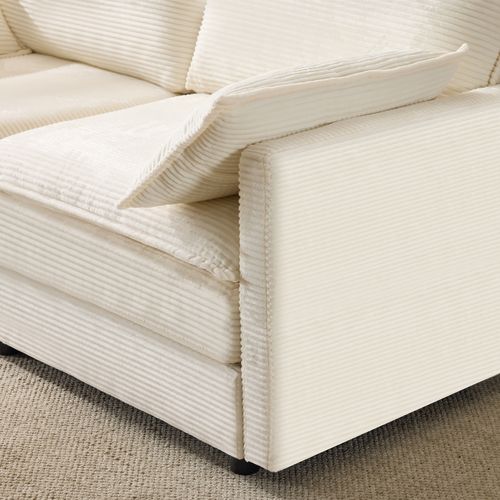 Canapé Adulte 2 Places En Tissu Côtelé Blanc, Structure Et Pieds Bois, Design Moderne Et Épuré