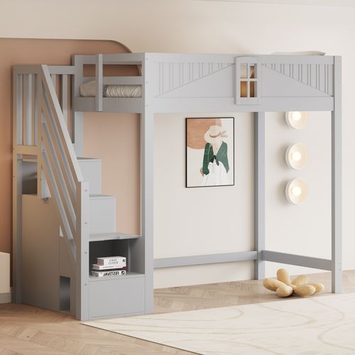 Lit Mezzanine 90x200 Cm Avec Structure En Bois Gris