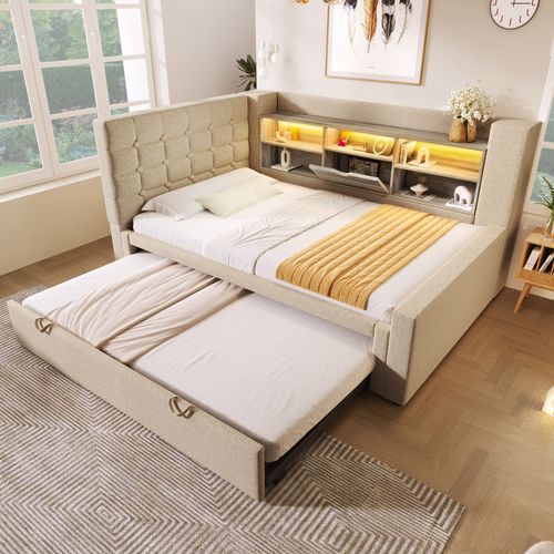 Lit Simple 90x200 Cm Avec Lit Gigogne Et Éclairage LED Beige