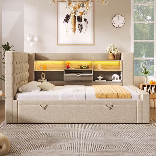 Lit Simple 90x200 Cm Avec Lit Gigogne Et Éclairage LED Beige