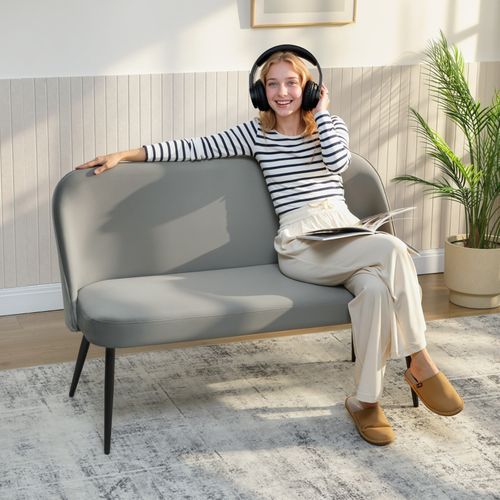 Banquette 2 Places 127x63x84,5 Cm En Velours Gris, Structure Métal Et Eucalyptus, Pieds 35 Cm