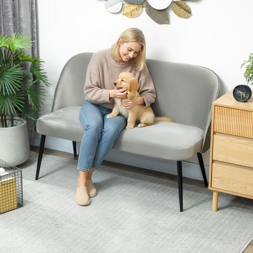 Banquette 2 Places 127x63x84,5 Cm En Velours Gris, Structure Métal Et Eucalyptus, Pieds 35 Cm