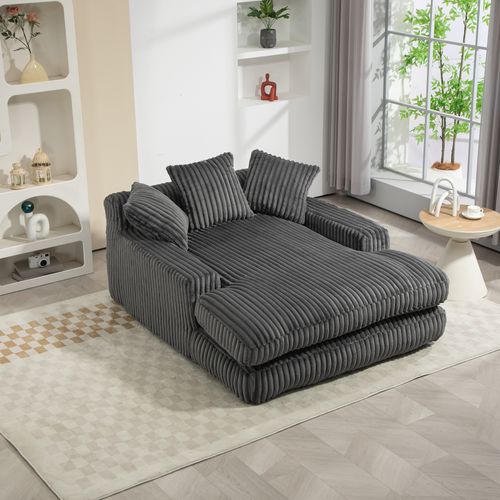 fauteuil relax 125x155 Cm En Velours Côtelé Gris Foncé, Méridienne Sans Montage, 3 Coussins