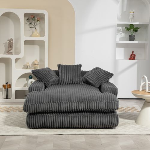 fauteuil relax 125x155 Cm En Velours Côtelé Gris Foncé, Méridienne Sans Montage, 3 Coussins