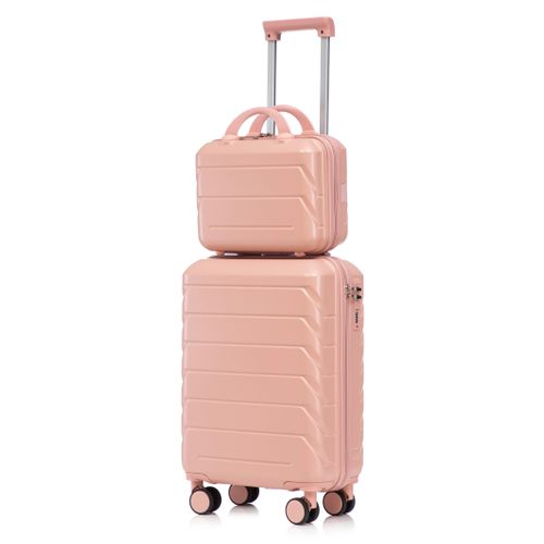 Set Valises 2 Pièces 19 Pouces + Trousse 14 Pouces En Abs Rose, Coque Anti-rayures, Roulettes 360°