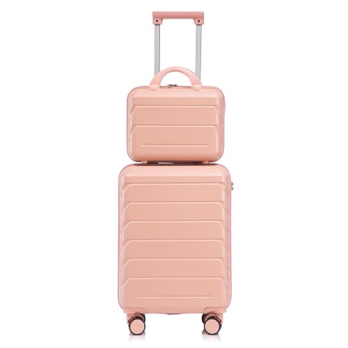 Set Valises 2 Pièces 19 Pouces + Trousse 14 Pouces En Abs Rose, Coque Anti-rayures, Roulettes 360°