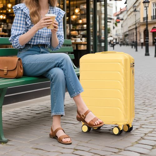 Valise Rigide 19" + Trousse 14" En Abs Jaune, 2 Pièces, Roulettes 360° Silencieuses