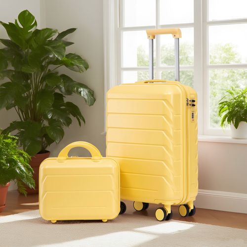 Valise Rigide 19" + Trousse 14" En Abs Jaune, 2 Pièces, Roulettes 360° Silencieuses