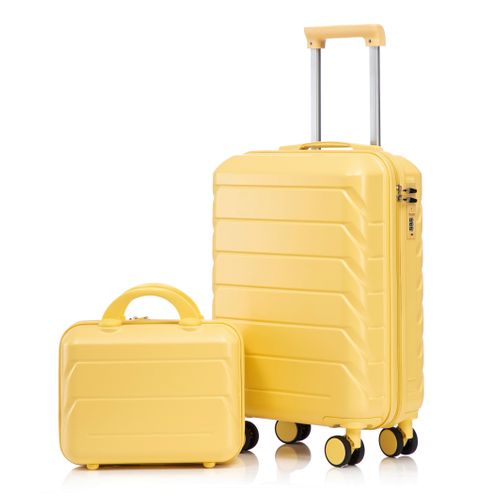 Valise Rigide 19" + Trousse 14" En Abs Jaune, 2 Pièces, Roulettes 360° Silencieuses