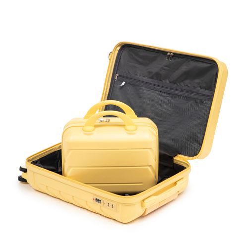 Valise Rigide 19" + Trousse 14" En Abs Jaune, 2 Pièces, Roulettes 360° Silencieuses