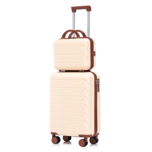Set Bagages 19" + Trousse 14" En Abs Beige, Coque Anti‑rayures Et Roues Doubles 360° Silencieuses