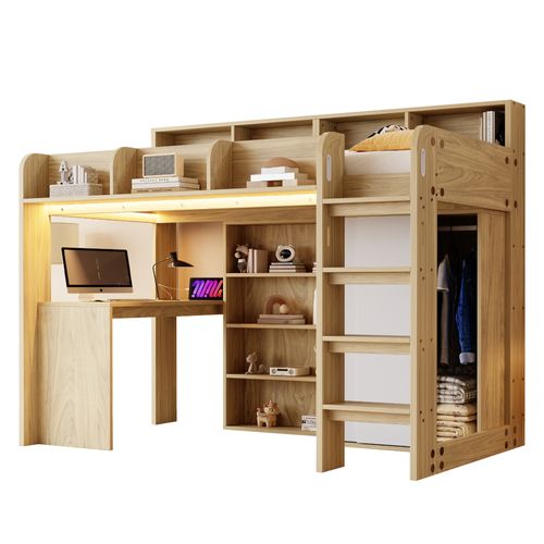 Lit Mezzanine 90x200 Cm Avec Bureau Intégré Bois Naturel