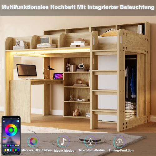 Lit Mezzanine 90x200 Cm Avec Bureau Intégré Bois Naturel
