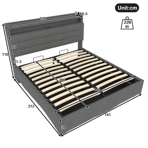 Lit Coffre 140x200 Cm Avec Rangement Relevable Tête De Lit Avec LED Tissu Gris