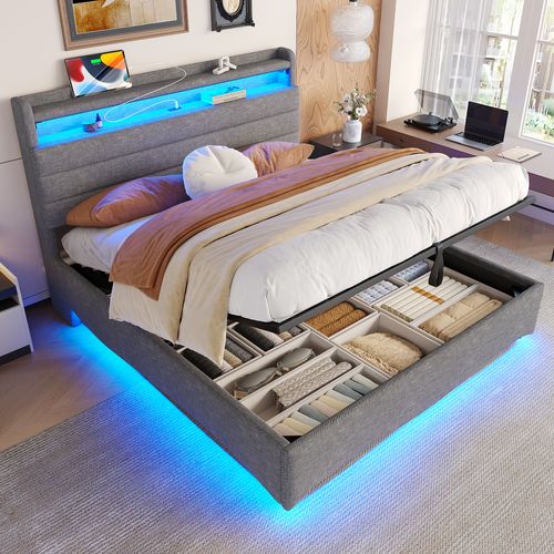 Lit Coffre 140x200 Cm Avec Rangement Relevable Tête De Lit Avec LED Tissu Gris