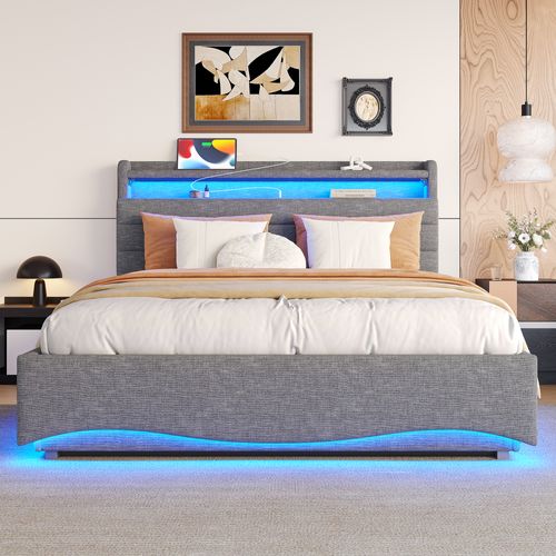 Lit Coffre 140x200 Cm Avec Rangement Relevable Tête De Lit Avec LED Tissu Gris