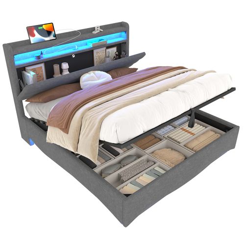 Lit Coffre 140x200 Cm Avec Rangement Relevable Tête De Lit Avec LED Tissu Gris