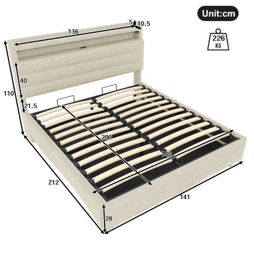 Lit Coffre 140x200 Cm Avec Rangement Relevable Tête De Lit Avec LED, Tissu Beige