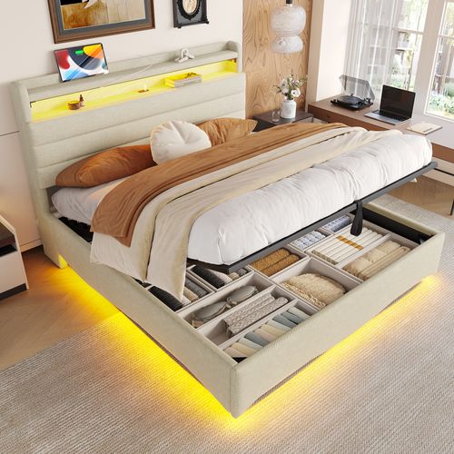 Lit Coffre 140x200 Cm Avec Rangement Relevable Tête De Lit Avec LED, Tissu Beige