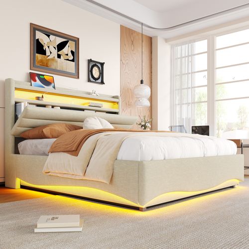 Lit Coffre 140x200 Cm Avec Rangement Relevable Tête De Lit Avec LED, Tissu Beige