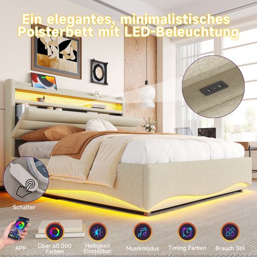 Lit Coffre 140x200 Cm Avec Rangement Relevable Tête De Lit Avec LED, Tissu Beige