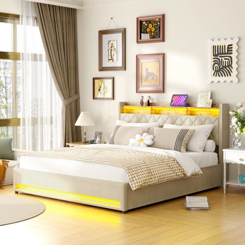 Lit Rembourré 180×200 Cm Avec Rangement, Éclairage LED, USB/type-c, Grand Espace De Stockage, Beige