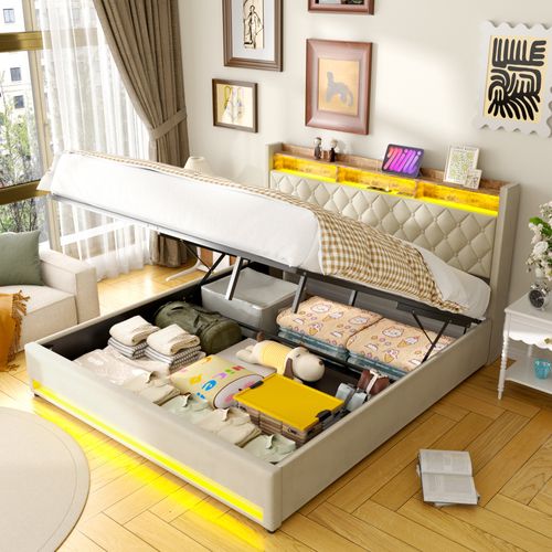 Lit Rembourré 180×200 Cm Avec Rangement, Éclairage LED, USB/type-c, Grand Espace De Stockage, Beige