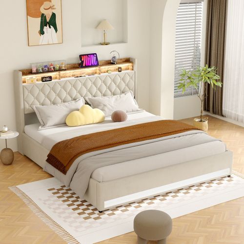 Lit Rembourré 180×200 Cm Avec Rangement, Éclairage LED, USB/type-c, Grand Espace De Stockage, Beige