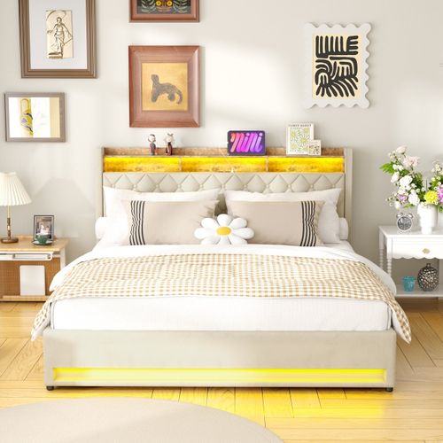 Lit Rembourré 180×200 Cm Avec Rangement, Éclairage LED, USB/type-c, Grand Espace De Stockage, Beige