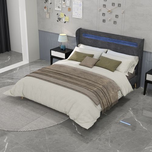 Lit Rembourré 160x200 Cm Avec Éclairage LED Intégré Et Tête De Lit Réversible