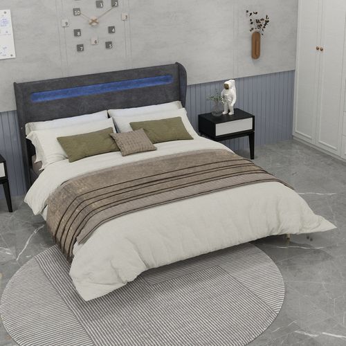 Lit Rembourré 160x200 Cm Avec Éclairage LED Intégré Et Tête De Lit Réversible