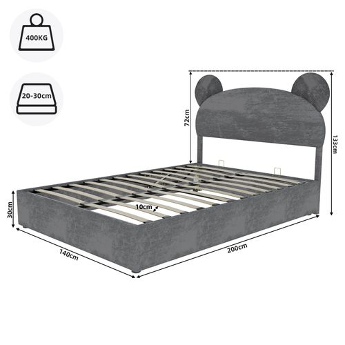 Lit Rembourré 140x200 Cm Avec Tête De Lit En Forme De Cartoon Et Coffre De Rangement