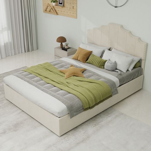 Lit Rembourré 140x200 Cm Avec Coffre De Rangement En Tissu Beige