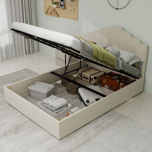 Lit Rembourré 140x200 Cm Avec Coffre De Rangement En Tissu Beige