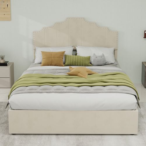 Lit Rembourré 140x200 Cm Avec Coffre De Rangement En Tissu Beige