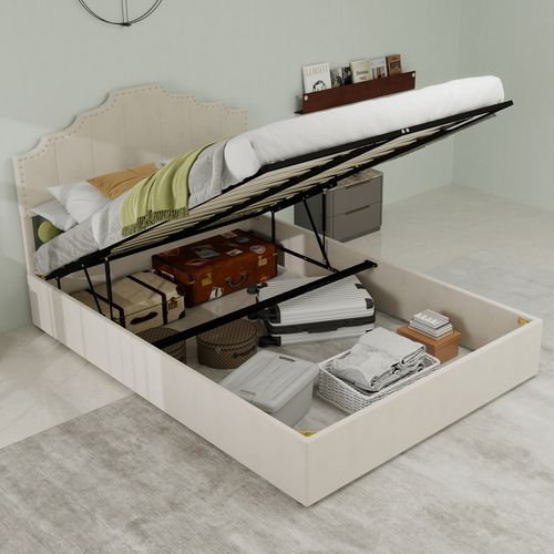 Lit Rembourré 140x200 Cm Avec Coffre De Rangement En Tissu Beige