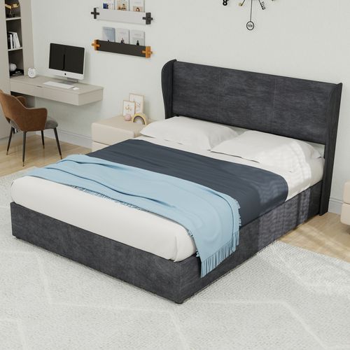 Lit Rembourré 140x200 Cm Avec Structure Avec Coffre De Rangement En Gris