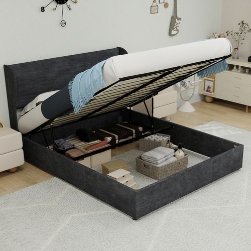 Lit Rembourré 140x200 Cm Avec Structure Avec Coffre De Rangement En Gris