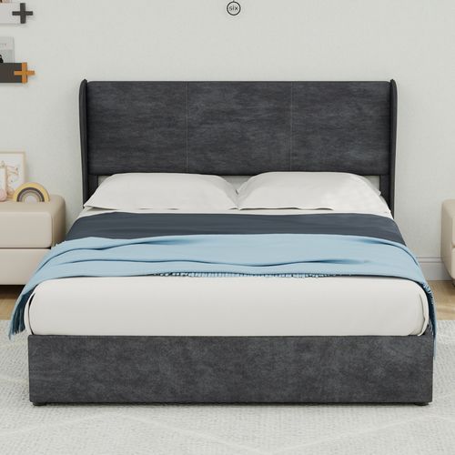 Lit Rembourré 140x200 Cm Avec Structure Avec Coffre De Rangement En Gris