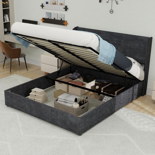 Lit Rembourré 140x200 Cm Avec Structure Avec Coffre De Rangement En Gris