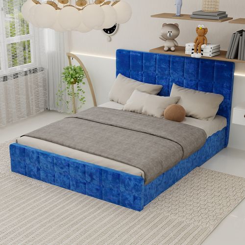Lit Rembourré 160x200 Cm Avec Tête De Lit En Velours Bleu Moderne