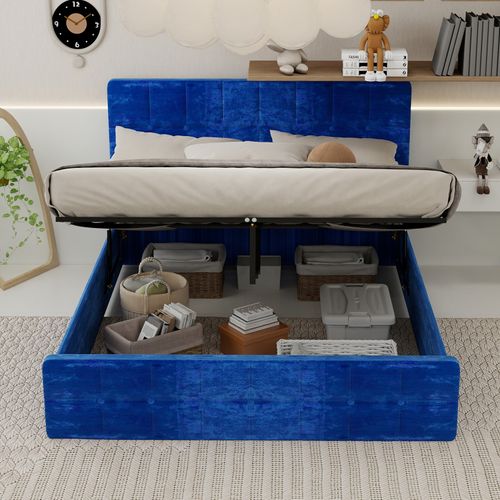 Lit Rembourré 160x200 Cm Avec Tête De Lit En Velours Bleu Moderne