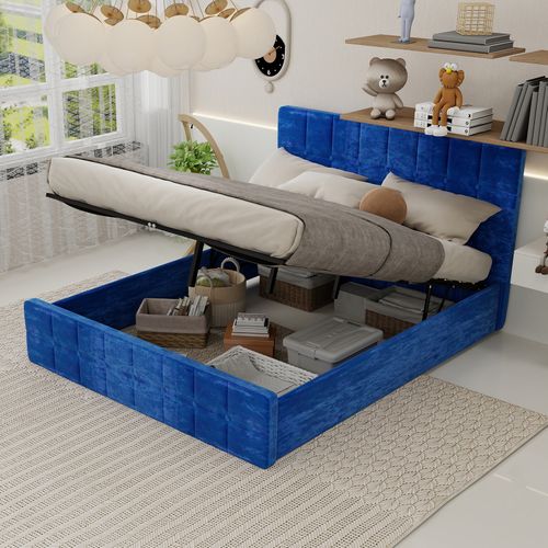 Lit Rembourré 160x200 Cm Avec Tête De Lit En Velours Bleu Moderne